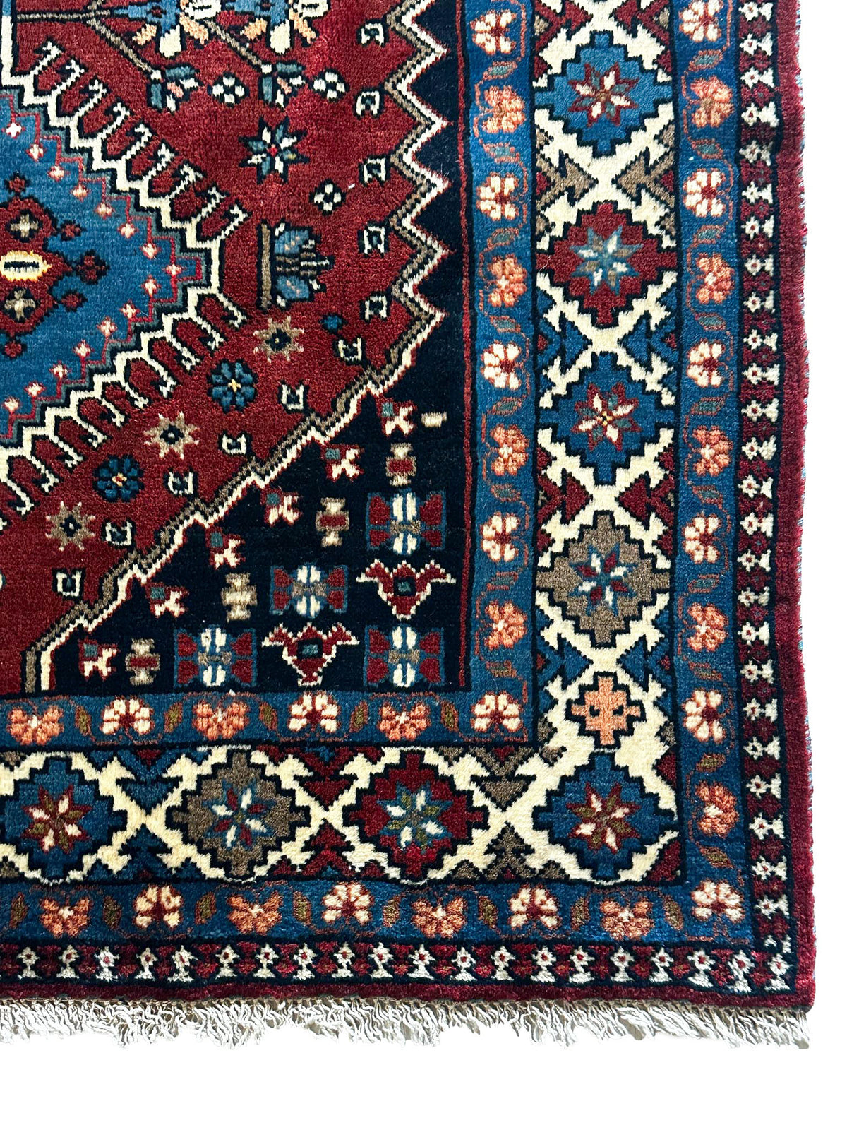 Yalameh Teppich ca. 150 × 100 cm – rot/blau/creme & geometrisch gemustert