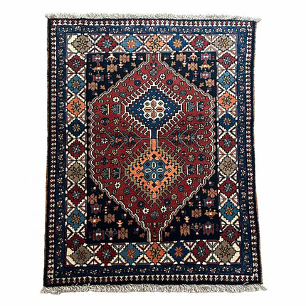 Yalameh Teppich ca. 150 × 100 cm – rot/blau/creme & geometrisch